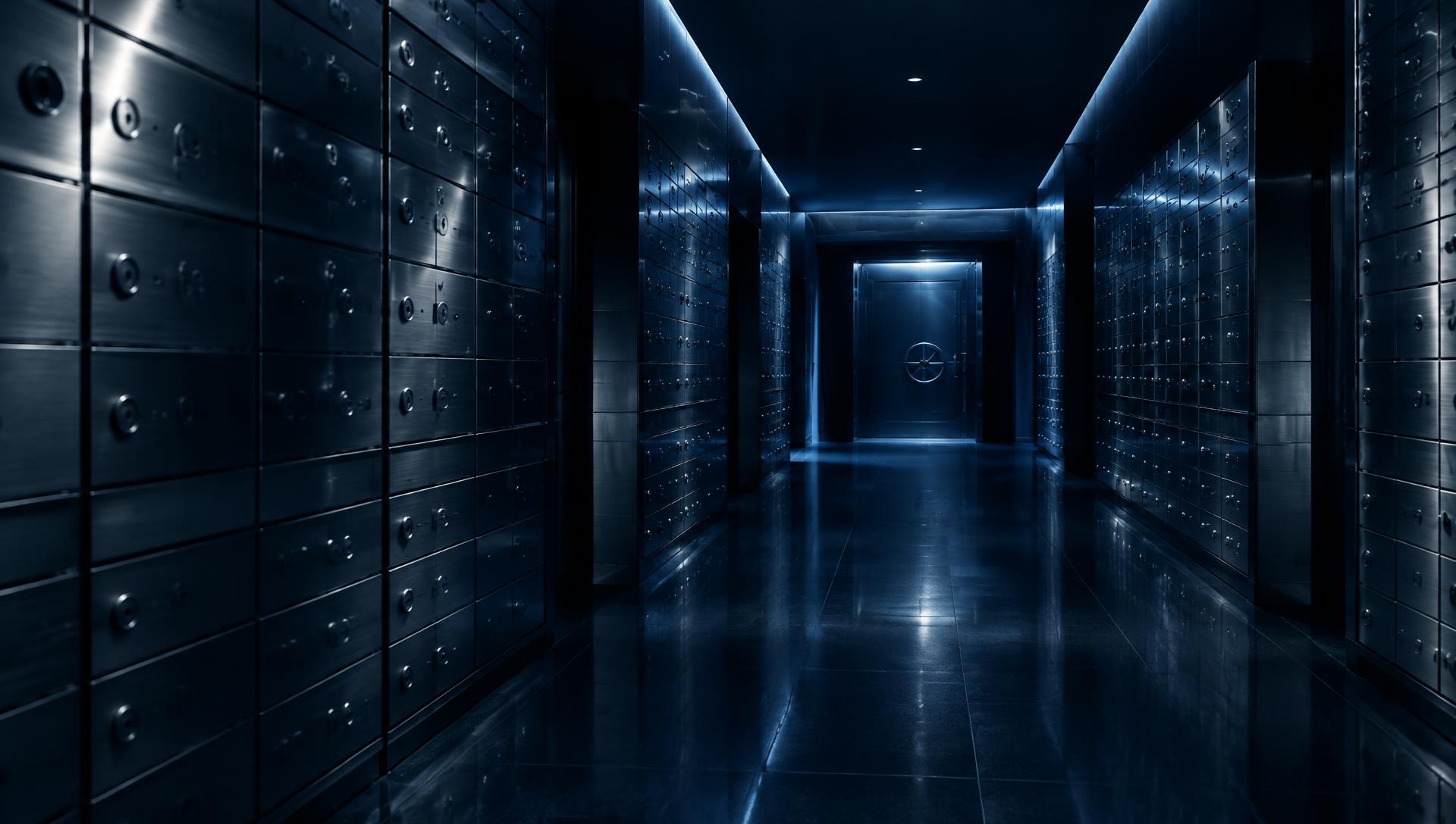 Illustrative secure vault corridor with safe deposit boxes
